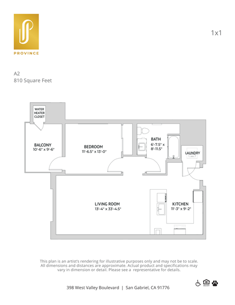 Floor plan for 1 bed, 1 bath, 810 sqft
